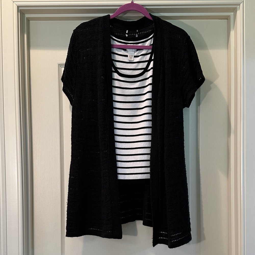 CHICO'S Black Open-Front Cardigan Including CHICO'S Striped Tank.